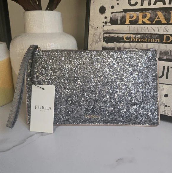 Furla Silver Rose Gold Glitter Wristlet Clutch Bag With Tags And Dustbag - Picture 10 of 12